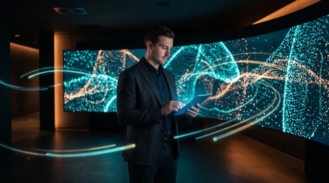 Businessman operating tablet before artificial intelligence wave display