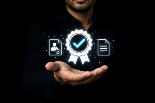 Hands holding glowing award ribbon with checkmark and document icons on dark background