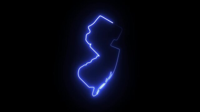 Neon glowing new jersey state map outline, blue led digital silhouette animation on black background 4K Motion video animation