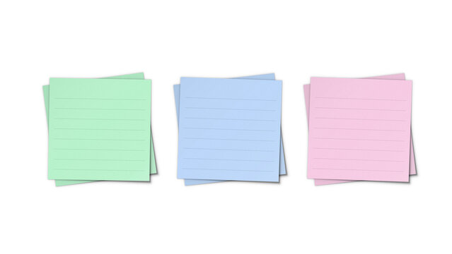 Sticky note 3 lined memo pads set mockup. Pastel green blue pink ruled post-it paper sheets collection for office planning and task management.