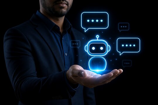 Hands holding glowing chatbot icon with speech bubbles over dark background