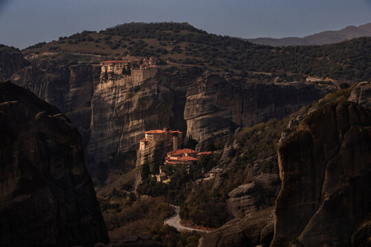 Meteora monasteries perched on towering rock cliffs in Greece