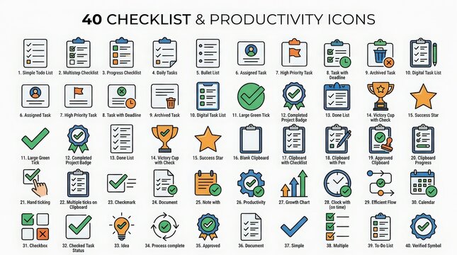 Checklist and productivity icons set, 40 business task management symbols, flat line clipboard and to-do list elements