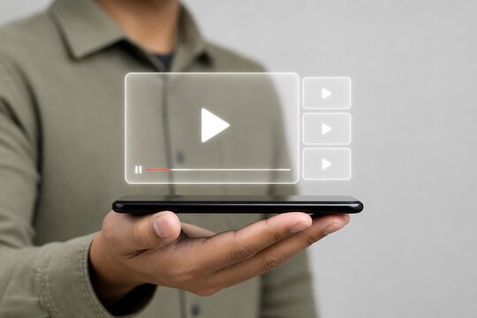 Hands holding smartphone with holographic video player interface and play button