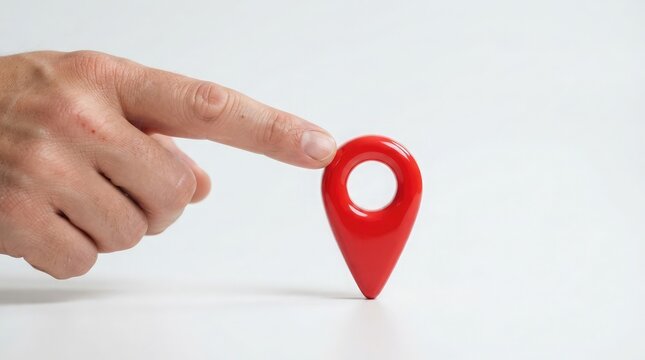 Hand Touching a Red Location Pin Marker Concept Signifying Digital Navigation Travel Planning and Global Positioning System Accuracy