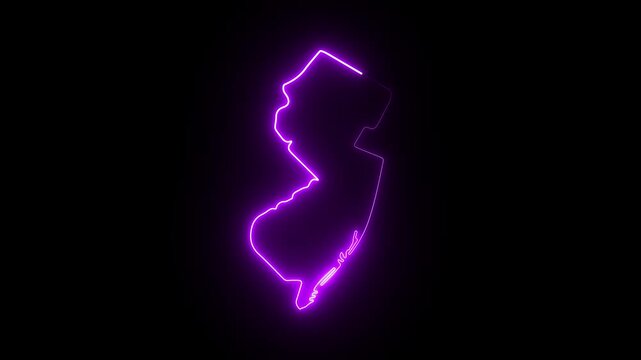 Neon purple outline map of new jersey state glowing on black background 4K Motion video animation