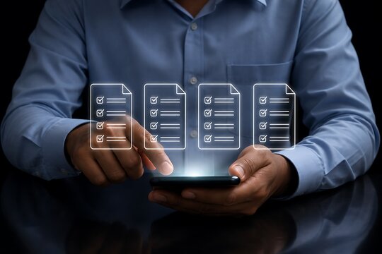 Hands interacting with glowing document icons above smartphone on dark surface