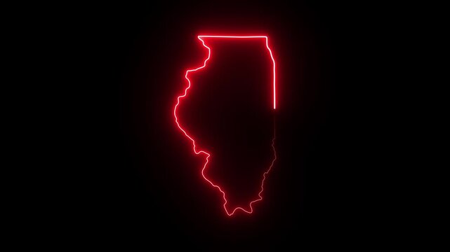 Illinois state map outline with glowing red neon light effect on black background 4K Motion video animation