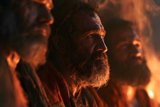 Ancient men with beards sitting around a campfire at night