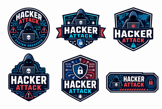 Cyber attack and hacker threat concept represented by various logo designs with hooded figures. Laptops. Binary code. Shields. And warning signs