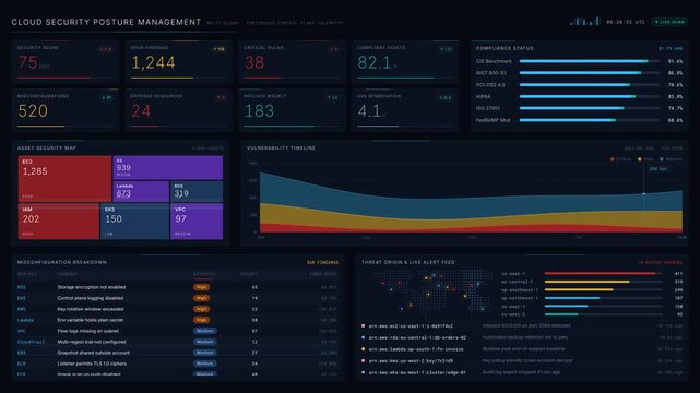 Explore a modern cloud security posture management dashboard featuring KPI metrics, asset maps, and compliance statuses, all designed with a sleek, dark interface and vibrant color coding.