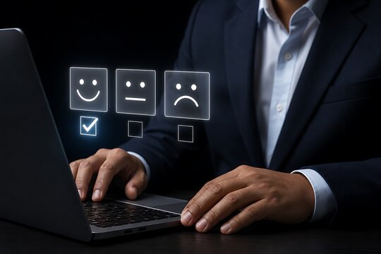 Man typing on laptop with floating emoji icons for feedback and survey
