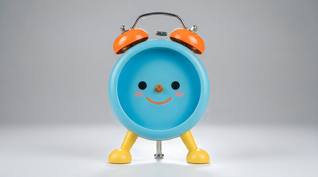 Smiling blue alarm clock with orange bells