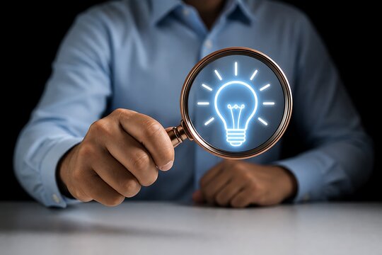 Person holding magnifying glass over glowing light bulb idea concept