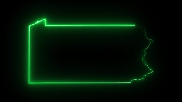 Glowing neon outline of pennsylvania state map, green led light border on black background 4K Motion video animation