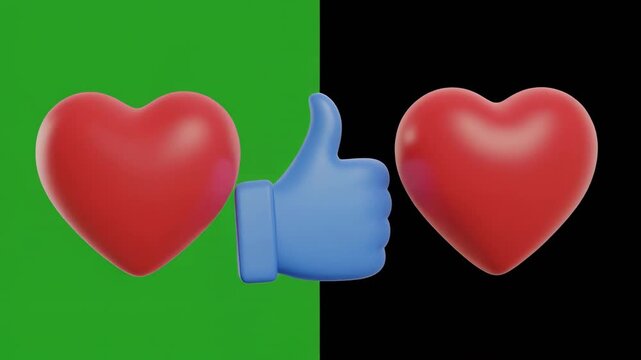Animated hearts and thumbs up icons with green screen transitions on black background