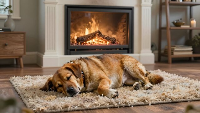 Cute golden retriever sleeping peacefully on cozy rug before fireplace