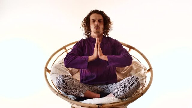 Full Body Man Meditating in Spiritual Mindfulness Pose on Circular Seat