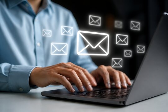 Person typing on laptop with glowing email icons floating above the screen