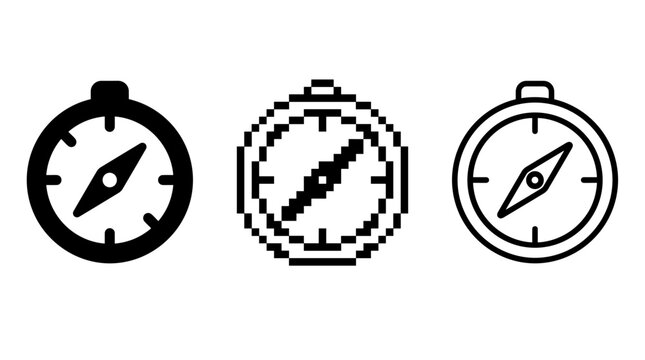 Navigation Compass Icon Variations in Solid, Pixel Art, and Thin Outline Styles