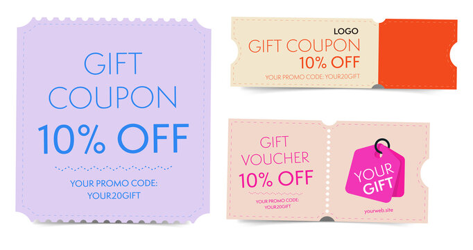 Discount gift coupons and vouchers in various colors on transparent background