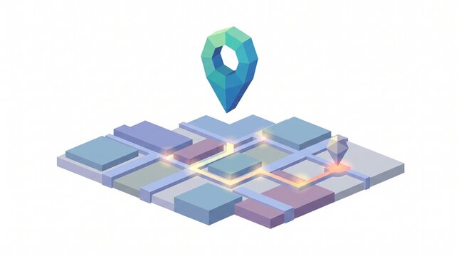 Isometric illustration of a low poly GPS map pin floating over a geometric map