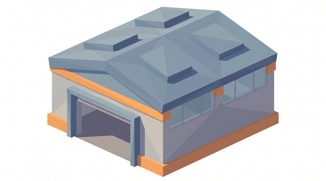 Isometric illustration of a low poly warehouse building with faceted geometry