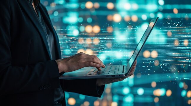 Businesswoman typing amid artificial intelligence data