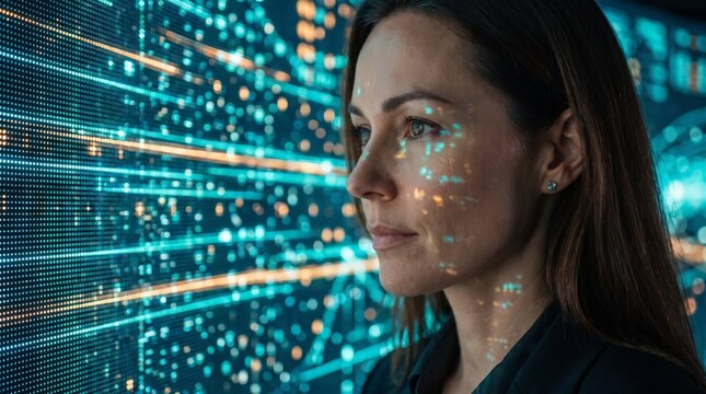 Woman observing artificial intelligence projections