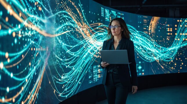 Female technologist carrying laptop by data display