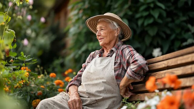 Static slow motion pan tilt of elderly woman adjusting straw hat while sitting and smiling on garden bench among orange flowers in backyard afternoon