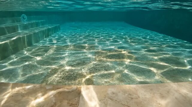 Clear turquoise swimming pool water with sunlight caustic reflections on stone bottom floor, liquid texture