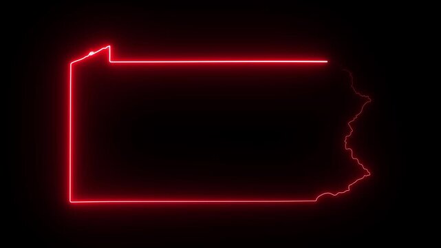 Glowing red neon outline of pennsylvania state map on black background, digital cartography animation 4K Motion video animation