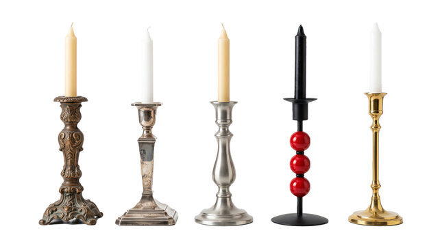 Assorted vintage and modern metal candlestick candle holders.