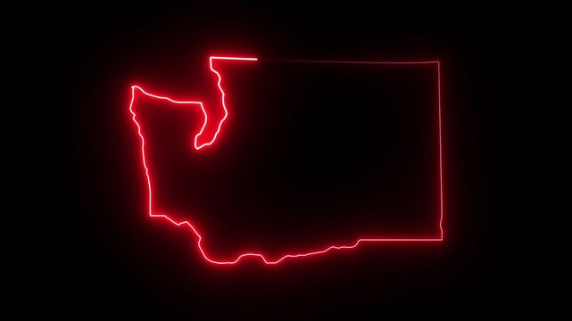 Washington state map outline with glowing red neon light effect on black background 4K Motion video animation