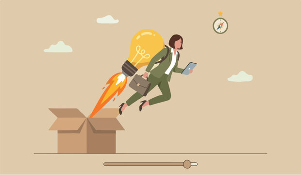  dea, creativity think outside the box, solution or think difference, wisdom or imagination to success concept, smart businesswoman with lightbulb idea as rocket booster flying from open box.