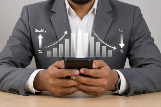Businessman in suit holding smartphone with quality and cost graph projections