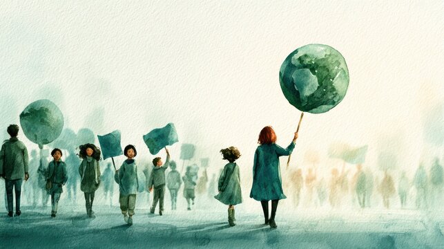 A watercolor illustration of a group of people, mostly children, holding green globes and flags, symbolizing environmental awareness and global unity.