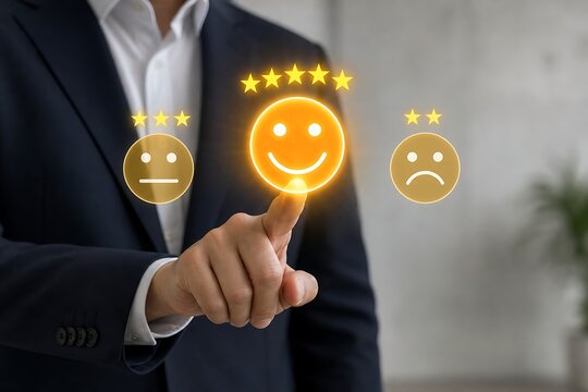 Businessman pointing at a glowing smiley face with star ratings