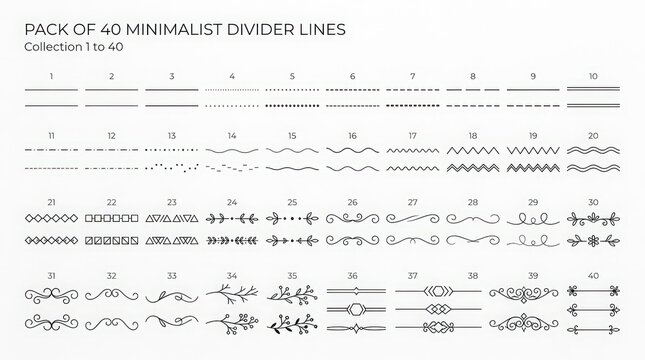Minimalist divider lines pack of 40, decorative page breaks and borders, elegant black line separators for web and print design