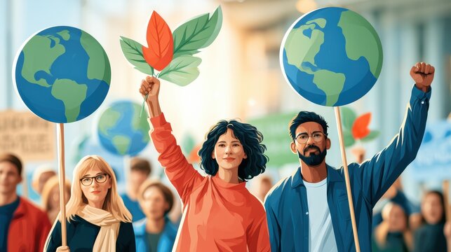 A diverse group of protesters holding globes and leaves symbolizing environmental activism and unity for climate change action.