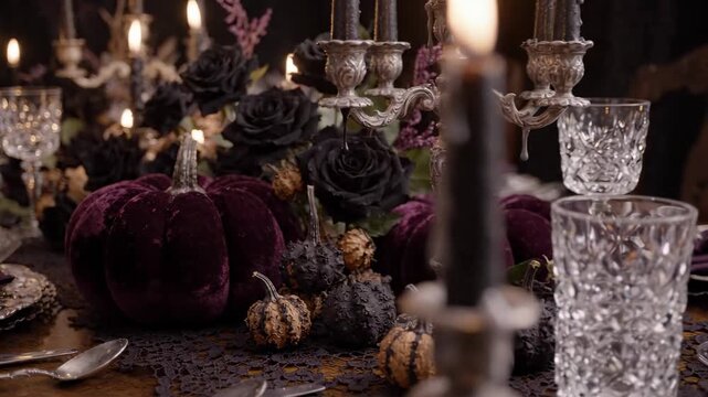 Elegant gothic dining table setup decorated with purple velvet pumpkins, black roses, and lit candles in silver candelabras for a spooky celebration