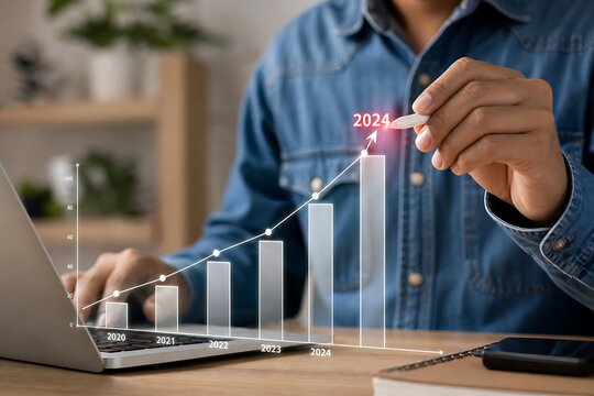 Businessperson interacting with holographic growth chart and 2024 milestone on laptop