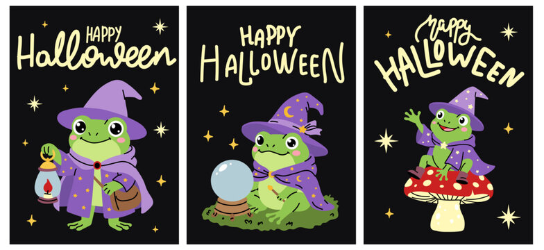 Cute Halloween Frog Wizard Greeting Card Collection
