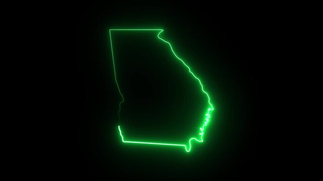 Neon glowing map outline of georgia state, usa, digital cyberpunk style animation 4K Motion video animation