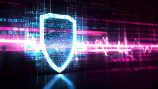 A digital shield appears with moving binary data and heartbeat lines in a blend of pink and blue colors