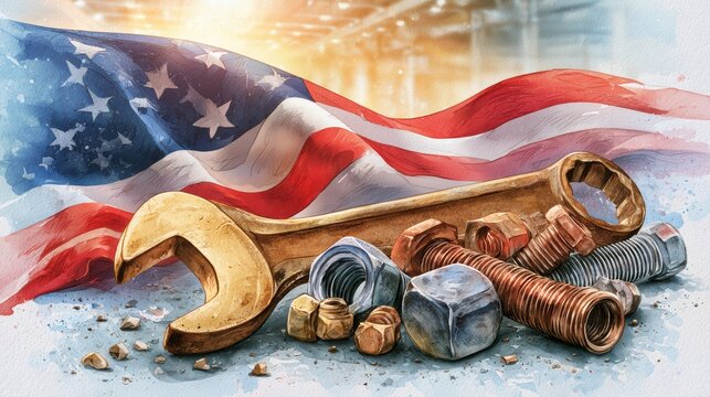 A wrench and various bolts and nuts lie in front of a waving American flag, symbolizing industry and labor in the USA.
