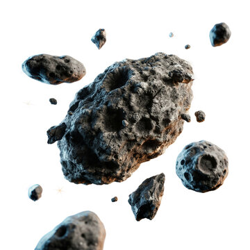 3D render cluster of cratered rocky asteroids and meteors floating in weightless outer space
