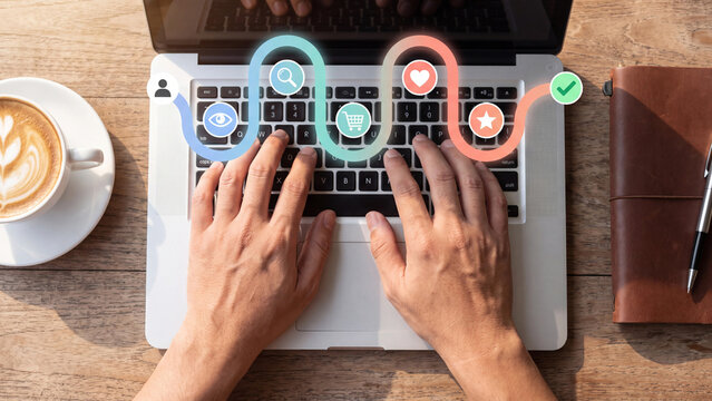 Customer journey and marketing funnel strategy for online business. Hands typing on laptop with ecommerce shopping icons from search to purchase cart for sales, customer experience and conversion
