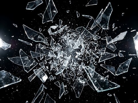 Exploding glass shards flying in all directions against a dark black background